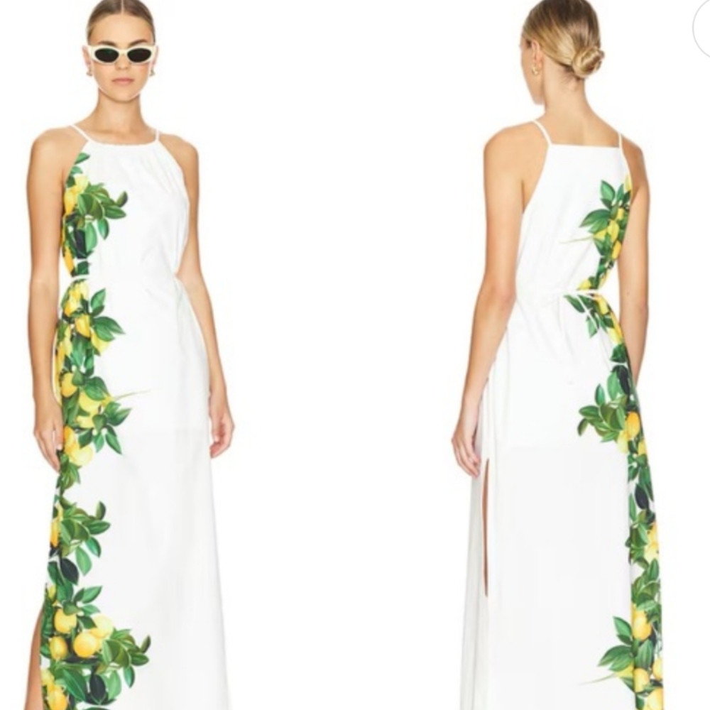 Amanda Uprichard White Maxi Dress with Green Lemon Print